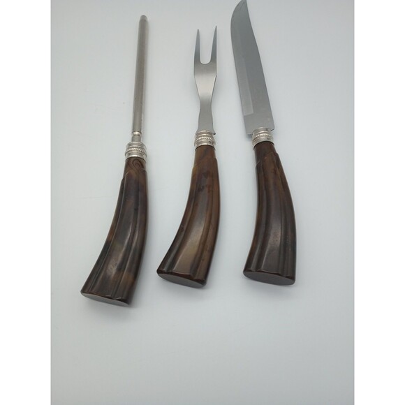 Sheffield Carving Set Bakelite Swirled Butterschotch MCM Fork Knife Sharpen Rod - Picture 7 of 10
